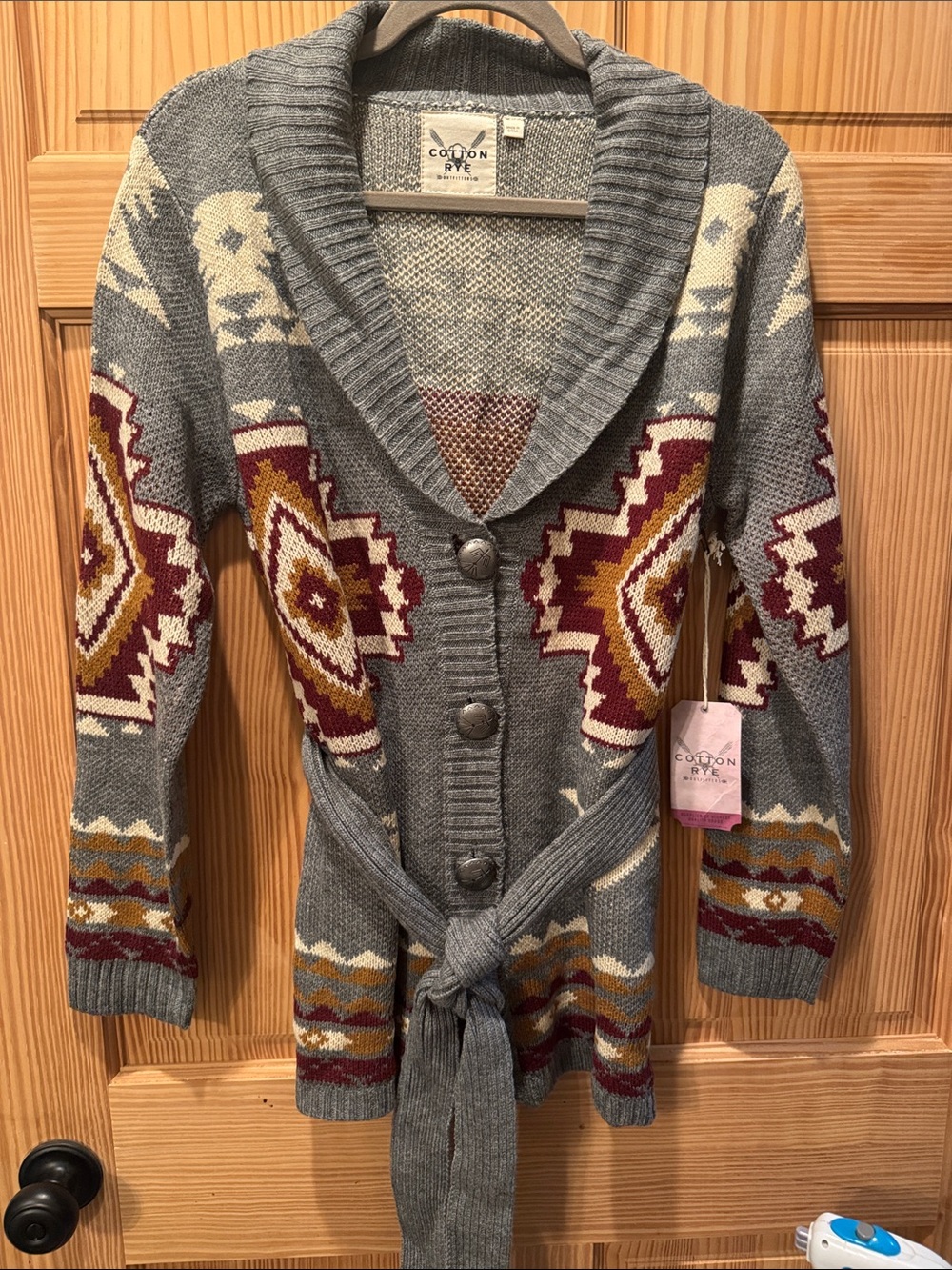 Cotton Ryle Shawl Collar Aztec-Pattern Cardigan Sweater - Gray/Maroon/Mustard